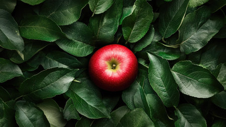 A vibrant red apple resting in the center of a circular arrangement of green leaves.の素材