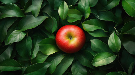 A vibrant red apple resting in the center of a circular arrangement of green leaves.の素材