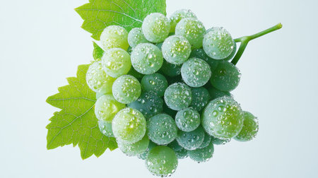 A vibrant green grape cluster with subtle water drops, perfectly isolated against a crisp white backdrop.の素材