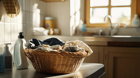 A wooden wicker basket filled with a mix of clothes, ready for washing, placed near a sink with soap and laundry detergent bottles.の素材
