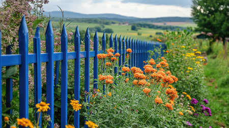 A well-maintained bleu aluminum fence standing along a garden filled with flowers, with the countryside rolling out behind it.の素材