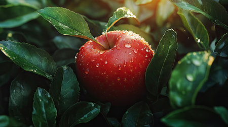 A vibrant red apple with water droplets, surrounded by lush green leaves under soft sunlight.の素材