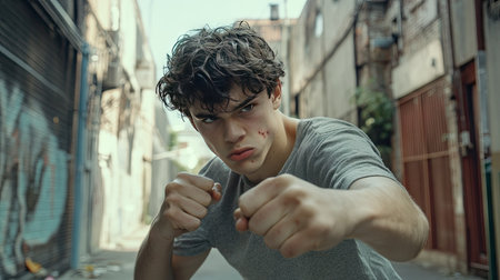 A young man clenches his fists and glares at the ground in frustration while standing in an urban alley.の素材