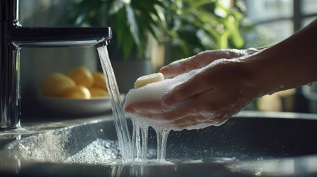Hands being thoroughly washed under running water with soap, surrounded by a clean, minimalist bathroom setting.の素材