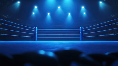 A wide-angle shot of a boxing ring, ropes highlighted under cool blue spotlights in a quiet stadium.の素材