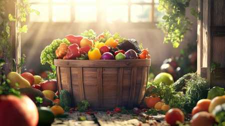 A wooden basket overflowing with colorful fruits and vegetables, set in a cozy kitchen with sunlight pouring through the windows.の素材