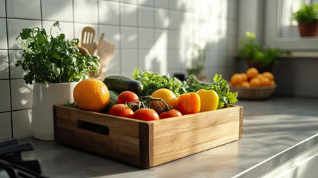 A wooden basket with freshly picked vegetables and fruits, such as cucumbers, tomatoes, and oranges, sitting on a kitchen counter.の素材