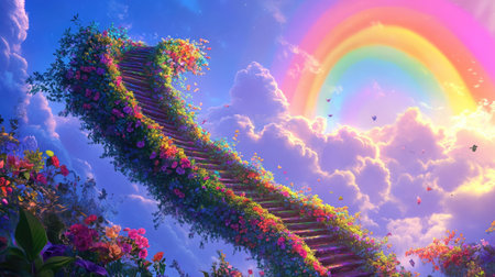 A vibrant stairway made of flowers and vines leading upward into a bright and colorful rainbow-filled sky.の素材