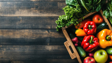 A wooden basket full of fresh, colorful vegetables and fruits like bell peppers, apples, and leafy greens, placed on a wooden surface.の素材