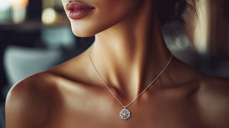 A woman wearing a dazzling diamond pendant necklace, captured with a soft-focus background of elegant dcor.の素材