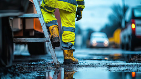 A worker in reflective clothing and safety shoes climbing a step ladder next to a road construction site.の素材