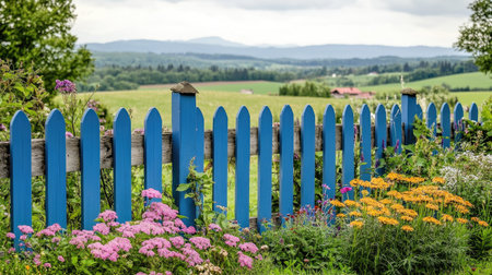 A well-maintained bleu aluminum fence standing along a garden filled with flowers, with the countryside rolling out behind it.の素材