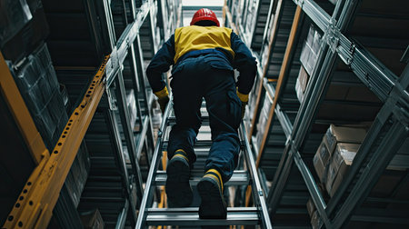 A worker wearing safety shoes and gloves climbing a step ladder in a large storage facility.の素材