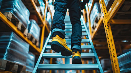 A worker wearing safety shoes and gloves climbing a step ladder in a large storage facility.の素材
