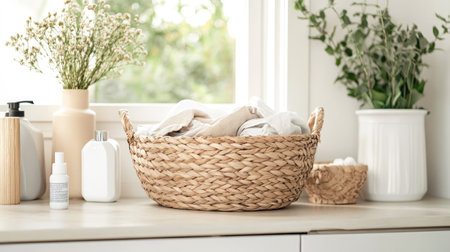 A wooden wicker basket filled with clothes, surrounded by laundry supplies, in a bright and clean laundry room setting.の素材
