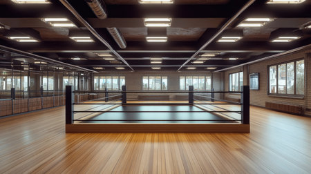 A wide-angle view of an empty boxing ring with a wooden floor and mirrored walls in a training facility.の素材