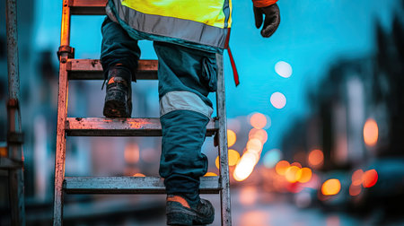 A worker in reflective clothing and safety shoes climbing a step ladder next to a road construction site.の素材