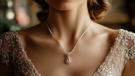 A woman in a luxurious dress wearing a diamond pendant necklace, with focus on the pendant's sparkling diamonds.の素材