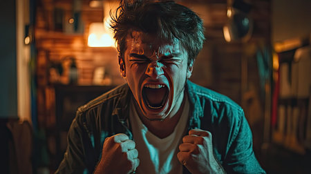 A young man in casual clothing clenches his fists and screams in frustration in a dimly lit room.の素材