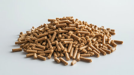 A pile of dry dog food pellets neatly arranged in the center of a clean white surface, evenly lit for clarityの素材