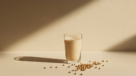 A minimalist, natural scene with soy milk in a glass and raw soybeans scattered across a neutral background, creating a simple, fresh lookの素材