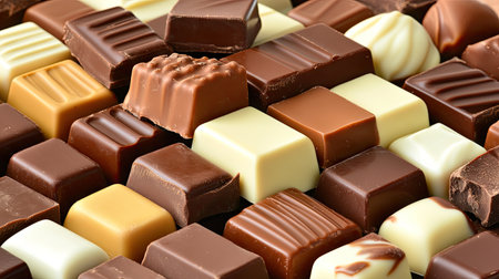 A selection of chocolate bars stacked together, with chunks of dark, milk, and white chocolate visible alongsideの素材