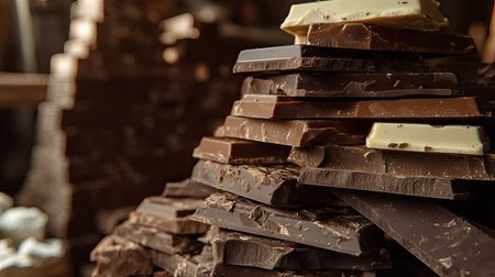 A selection of chocolate bars stacked together, with chunks of dark, milk, and white chocolate visible alongsideの素材