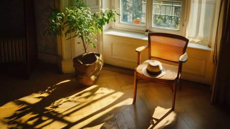 A hat placed on a chair by the window, its shadow projected onto the floor by the morning lightの素材