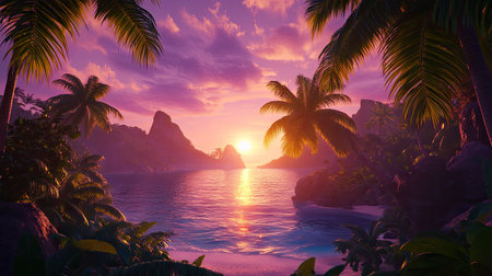 A tropical island paradise with palm trees at sunset, where the sky transitions from warm golden hues to cool purplesの素材
