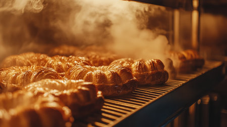 Close-up of a pile of croissants on a bakery shelf, with their golden crusts catching the light beautifullyの素材