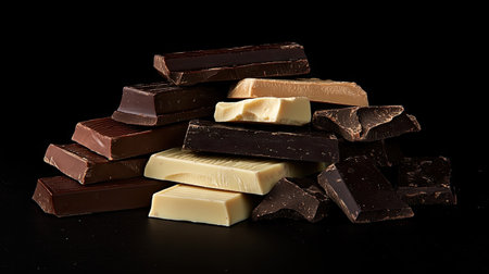 A selection of chocolate bars stacked together, with chunks of dark, milk, and white chocolate visible alongsideの素材