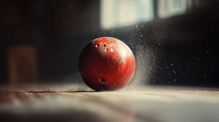 Bowling ball leaving a slight trail of dust behind it on the track, captured mid-roll with great clarity and intensityの素材