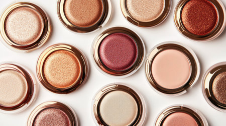 A variety of compact eyeshadow palettes featuring warm tones and metallics, isolated on a white backgroundの素材