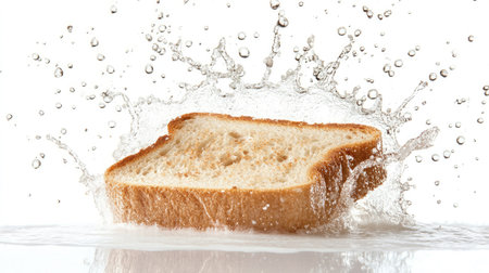 A single slice of toast bread with golden-brown crust resting in the center of a clean white backgroundの素材