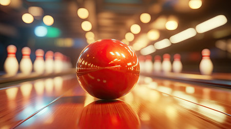 Bowling ball rolling toward the pins, captured from ground level with the glossy track reflecting overhead lightsの素材