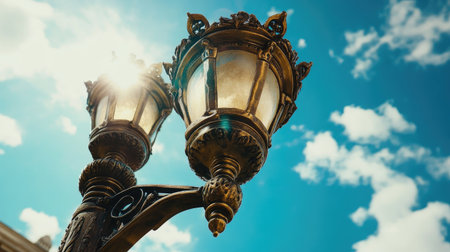 Close-up of a decorative street lamp with an antique finish, framed by a bright blue skyの素材