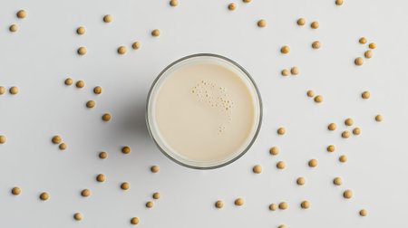 A single glass of soy milk surrounded by scattered soybeans on a clean white background, emphasizing simplicity and purityの素材