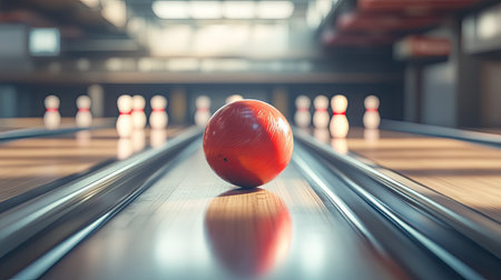 Bowling ball positioned at the start of the lane, ready to roll down the track and into the pinsの素材