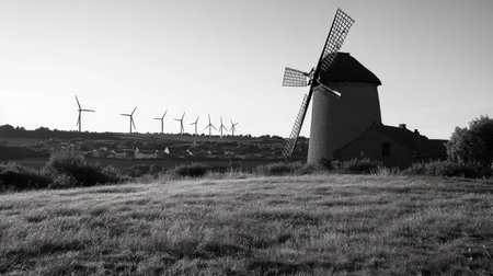 A historic windmill at the edge of a village, with a line of wind turbines visible on a nearby hill under a clear skyの素材