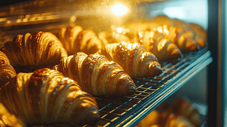 Close-up of a pile of croissants on a bakery shelf, with their golden crusts catching the light beautifullyの素材