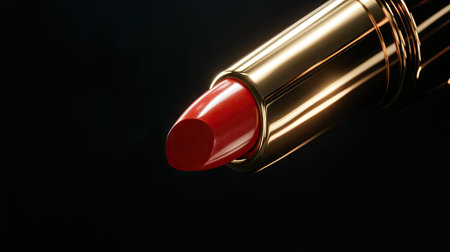 Close-up of a bold red lipstick in an elegant gold tube, set against a sleek black background with dramatic lightingの素材