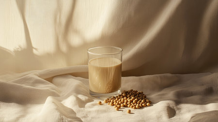 A simple and fresh aesthetic with soy milk in a clear glass next to a small pile of soybeans on a white background, soft lighting highlighting the detailsの素材