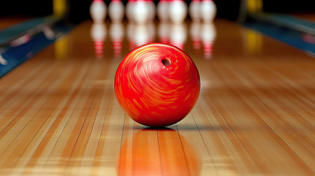 Bowling ball approaching the pins down a glossy track, with the smoothness of the lane and lights creating a dynamic atmosphereの素材