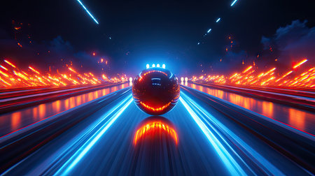 Close-up of a bowling ball rolling down a slick track, with bright lane lights illuminating the path aheadの素材