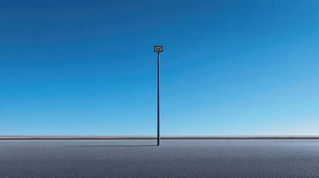 A street lamp standing alone on an empty road, with a brilliant blue sky filling the backgroundの素材
