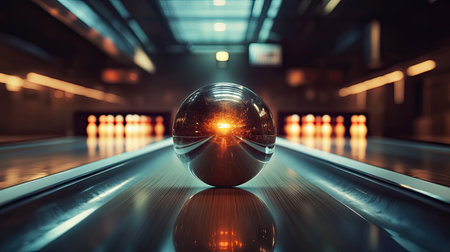 A perfectly shiny bowling ball on the track, captured in motion as it heads toward the pins at the end of the laneの素材