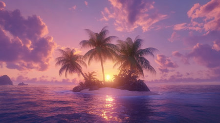 A tropical island paradise with palm trees at sunset, where the sky transitions from warm golden hues to cool purplesの素材