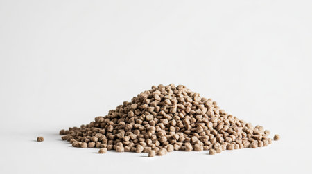 A heap of crunchy dog food pellets, evenly spaced on a white background, perfect for pet product displaysの素材