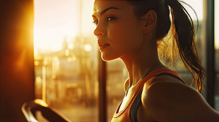 Close-up of a focused woman running on a treadmill with natural light streaming in through the gym windowの素材