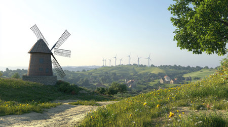 A historic windmill at the edge of a village, with a line of wind turbines visible on a nearby hill under a clear skyの素材